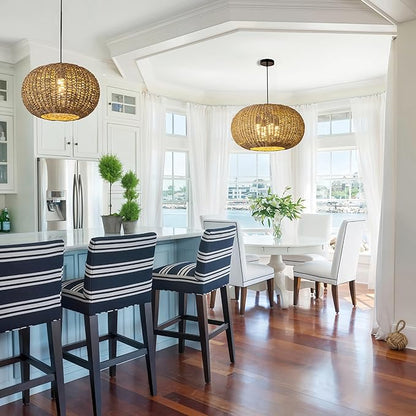 22.83in Large Rattan Chandelier Boho Wicker Hand Woven Pendant Light Farmhouse Ceiling Hanging Lighting Fixture for Living Room Kitchen Island Dining Room Hallway, 4-Lights