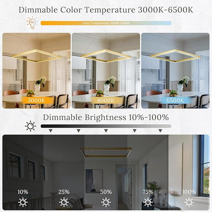 Modern LED Pendant Light, Gold LED Chandelier 24" Rectangle Chandelier for Dining Room Dimmable Modern Chandelier Flush Mount Pendant Light for Living Room Kitchen Office, 3000-6500K