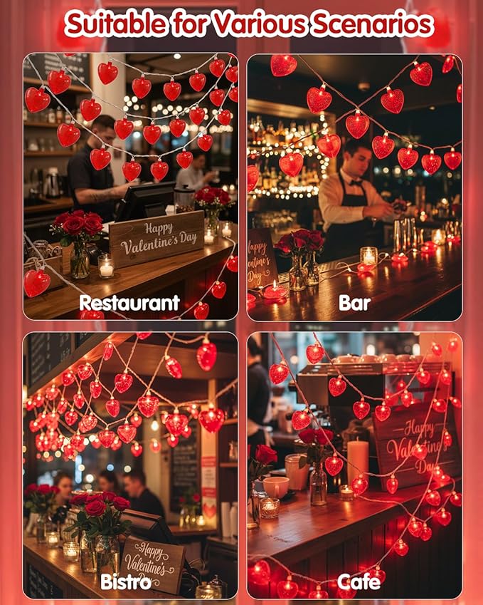 SUNSGNE Red Heart String Lights Valentines Lights, 8.5FT Plug in Fairy String Lights with 10 LED Red Heart Bulbs for Indoor Outdoor Home Room Party Wedding Valentine's Decor, White Wire
