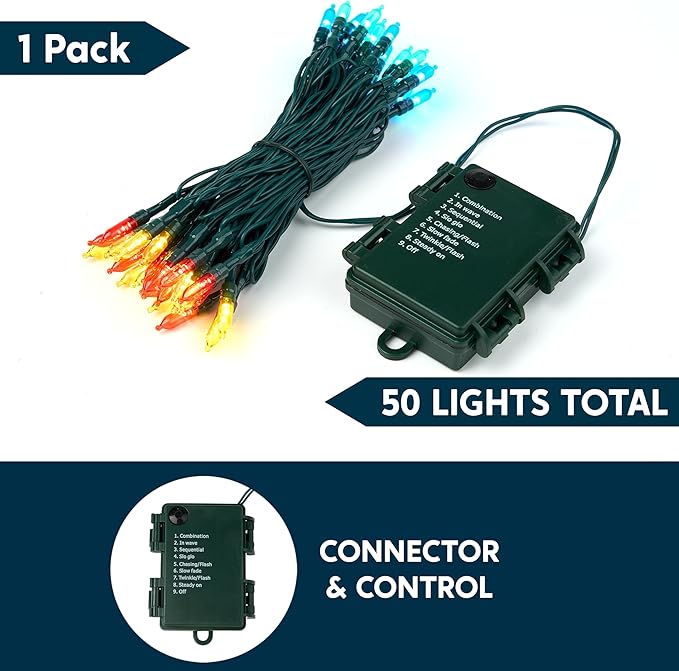 Joiedomi LED Christmas String Lights,50 Count 16.3FT Battery Operated Christmas Tree Fairy Lights with 8 Modes,Multifunction Green Wire for Xmas Decor Party Holiday House,Multicolor