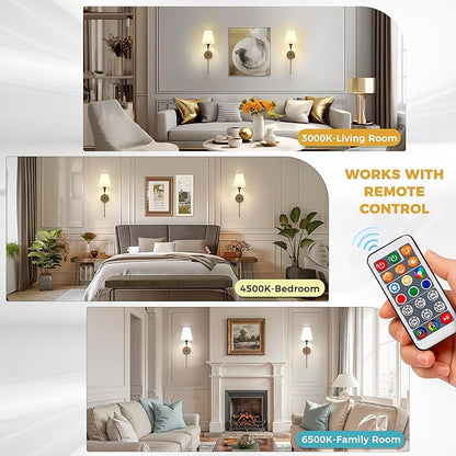 DORESshop Battery Operated Wall Sconce Set of 2, Wireless Wall Light Easy to Install, 7 Color Rechargeable Wall Sconces, Sconce Wall Decor Set of 2 for Bedroom, Living Room, Black and Wood, 24.6in