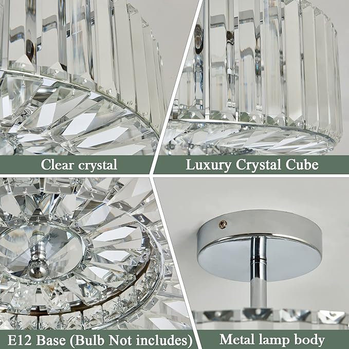 Piepooye 4 Lights Modern Crystal Chandelier Chrome Round Semi Flush Mount Ceiling Light Fixture Farmhouse Chandelier for Dinning Room Living Room Bedroom Hallway Entryway Kitchen