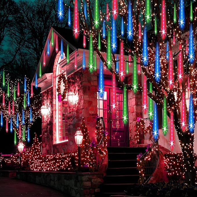 Adecorty Christmas Lights Outdoor UL Certified 24 Tubes 576 LEDs (Equivalent to 3 Sets of 8 Tubes) Meteor Shower Light Falling Rain Drop Icicle Lights for Christmas Decorations Decor, Multicolor