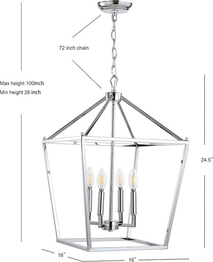 JONATHAN Y 16" Chrome Lantern Pendant Light, 1-Light Pagoda Style Metal Cage Farmhouse Hanging Ceiling Fixture for Kitchen Island, LED Bulb Included (JYL7437C)