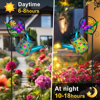 Solar Watering Can with Lights, Waterproof Solar Lantern with Butterfly Shepherd Hook, Hanging Garden Lights for Patio Yard Lawn Porch Outdoor Decoration 2 Pack