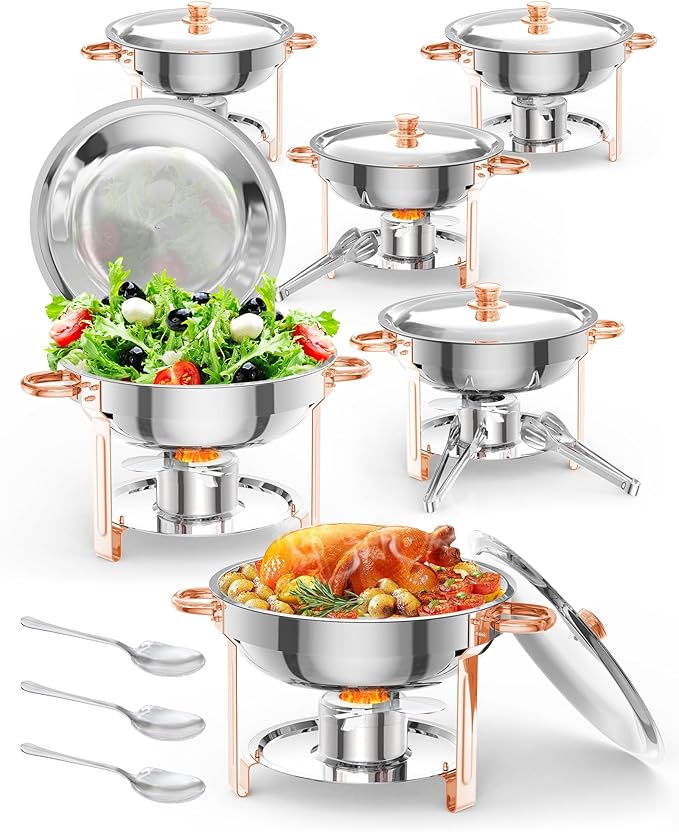 GarveeHome Chafing Dish for Buffet 6 Pack, 5 QT Round Chafing Dishes Buffet Set w/Lid Holder, Stainless Steel Chafers and Food Warmers with Spoon and Tweezers for Parties, Weddings, Events, Rose Gold