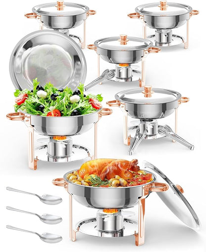 GarveeHome Chafing Dish for Buffet 6 Pack, 5 QT Round Chafing Dishes Buffet Set w/Lid Holder, Stainless Steel Chafers and Food Warmers with Spoon and Tweezers for Parties, Weddings, Events, Rose Gold