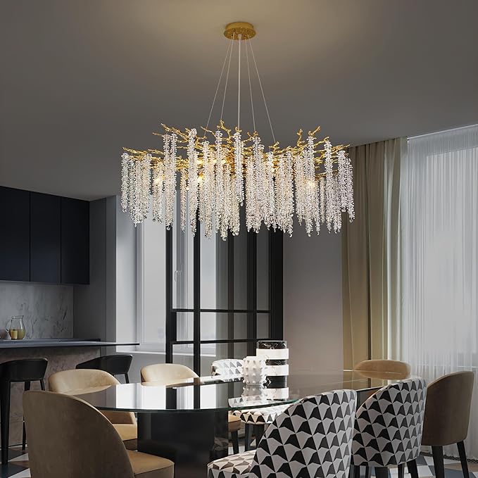 Tree Branches Chandeliers Luxury Round Raindrop Crystal Pendant Light 15 Lights Tassel Ceiling Hanging Light for Dining Room Bedroom Living Room Entryway 39.5" Gold