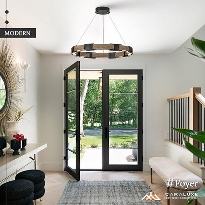 LED Ring Chandelier Dimmable Black & Wood Chandelier for Dining Room 24in Circular Chandeliers Light Modern Round LED Chandeliers Light Fixture for Entry Bedroom Kitchen Home Office Living Room
