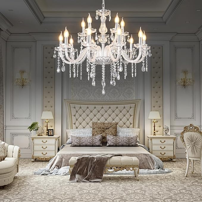MALOSA Large Clear Crystal Chandeliers,30.7" Large Chandelier for Dining Room,Living Room,Bedroom,Hallway,High Ceilings Wedding Party 15 Lights