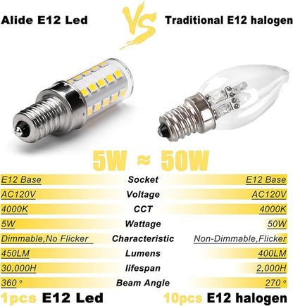 ALIDE E12 4000K Dimmable LED Light Bulb 5W,Replace 40W E12 Halogen Equivalent,T6 Base 120V E12 C7 LED Candelabra Bulbs Natural White for Pendant Chandelier Lighting,450lm,10Pack