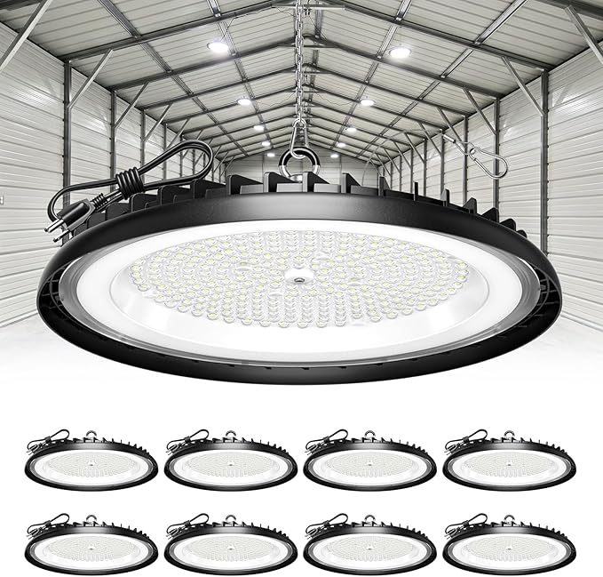 New Super Bright Ultra-Thin 200w High Bay Led Shop Lights| 30000LM 5000K UFO Led High Bay Light with 5ft Cable Hook Safe Rope| Shop&Garage Lighting Lights for Factory Workshop Warehouse Garage Barn