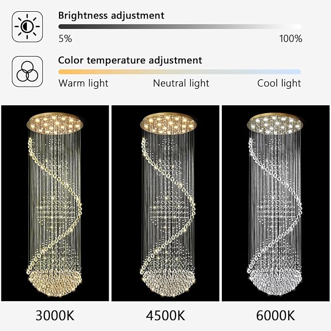 D40'' x H120'' Crystal Chandelier High Ceiling Chandeliers for Staircaes Large Raindrop Chandeliers LED Dimmable Flush Mount Light Fixtures for Foyer Hallway Entryway LED Bulbs Included Gold
