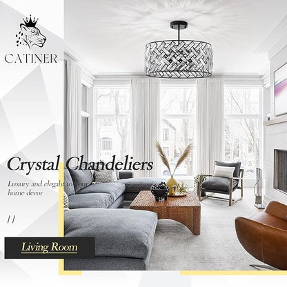 Crystal Ceiling Light Black Modern Chandelier 18" Pendant Light 6-Light Convertible Semi Flush Mount Lighting Drum Semi Flush Mount Hanging Drum Shade for Kitchen Island Dining Room Bedroom Hallway