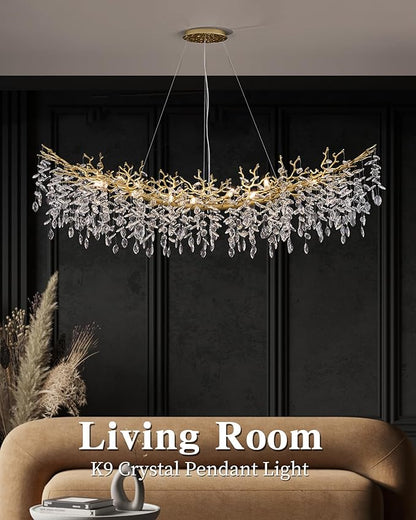 Modern Crystal Chandelier for Dining Room, 16-Light 55.12" Gold Tree Branch Chandeliers, Luxury K9 Crystal Rectangular Chandeliers for Kitchen Island Living Room