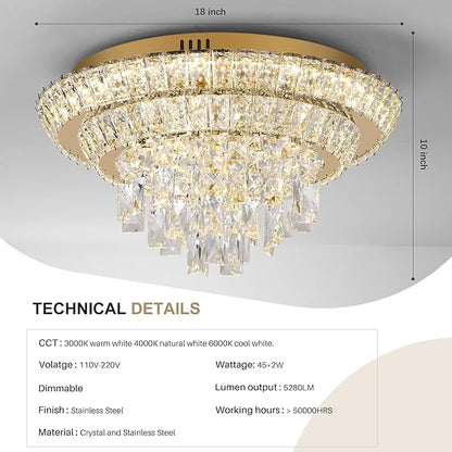 18 inch Flush Mount Crystal Chandeliers with Remote and App Gold, Modern Elegant LED Crystal Raindrop Ceiling Light Fixture, 3CCT Dimmable, for Living Room Kitchen Island Bedroom Entryway Foyer