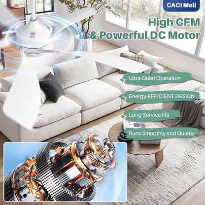 CACI Mall 52 inch Smart Ceiling Fan with Lights, Remote Control, Compatible with Alexa/Google/App, 5 Blades, Dimmable Lighting, Quiet, Indoor/Outdoor Ceiling Fans for Living Room, Bedroom, Patios