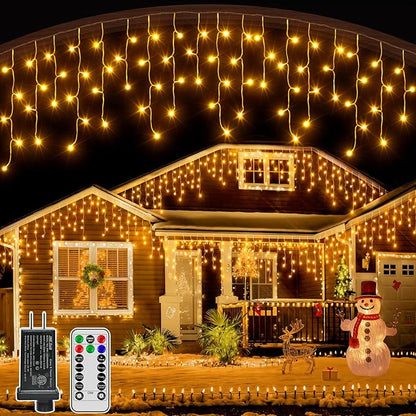 Icicle Lights for Outside, 216LED 24FT Waterproof Christmas Light Outdoor with 8 Modes & Timer, Connectable Christmas Icicle Lights for Eaves House Yard Indoor Outdoor Holiday Decoration(Warm White)