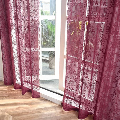 FINECITY Burgundy Sheer Curtains 63 Inch Length - 2 Panels Rustic Leaf Floral Patterned Red Wine Lace Curtains for Bedroom, Rod Pocket Privacy Light Filtering Merlot Sheer Window Drapes, 52 x 63 Inch