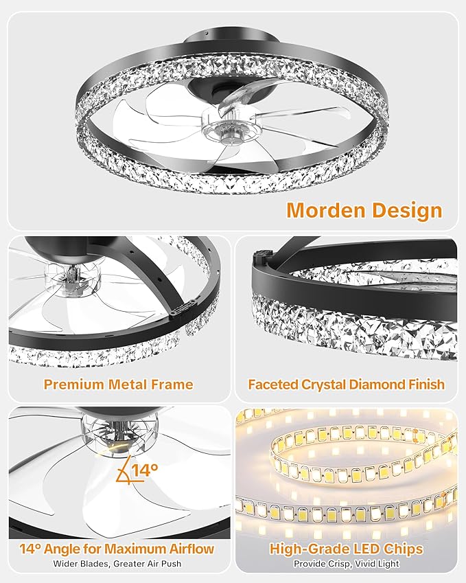 Ceiling Fans with Lights and Remote Low Profile Flush Mount LED Ceiling Fan with Lights 3000K-6500K Dimmable Foldable Fandelier Light 6 Wind Speeds Night Light for Bedroom Living Room Black