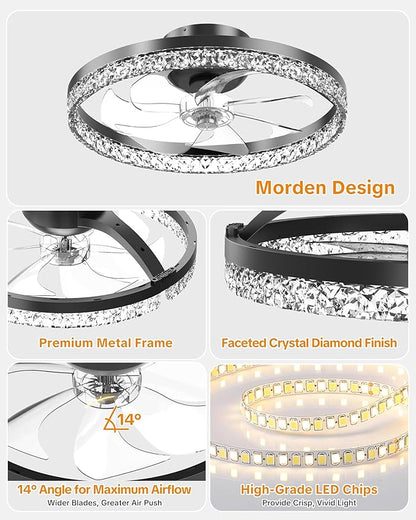 Ceiling Fans with Lights and Remote Low Profile Flush Mount LED Ceiling Fan with Lights 3000K-6500K Dimmable Foldable Fandelier Light 6 Wind Speeds Night Light for Bedroom Living Room Black