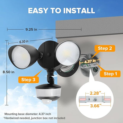 LUTEC 34W 3700 Lumen LED Security Lights Motion Sensor Light Outdoor with Night Light, 5000K IP65 Waterproof, Dusk to Dawn, Hardwired Motion Detector Flood Light for Garage, Yard-Black Night Light