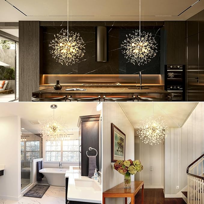 Plug in Crystal Chandelier, Modern Plug in Pendant Light Hanging Light Fixture 2-in-1 Chrome Pendant Light Dandelion Chandeliers for Dining Room Bedroom Kitchen Foyer Entryway Living Room