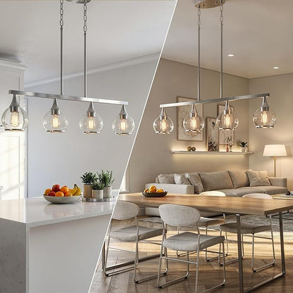 Kitchen Island Linear Pendant Light, 4-Light Modern Chandelier with Clear Glass Globe Shades, Linear Lighting Fixture Over Dining Table, Brushed Nickel