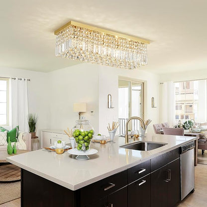 Saint Mossi 5-Lights Modern K9 Crystal Chandelier Light Fixture, Flush Mount Chandelier for Dinning Room, H9 x W10 x L31, Clear Crystal & Gold Finish