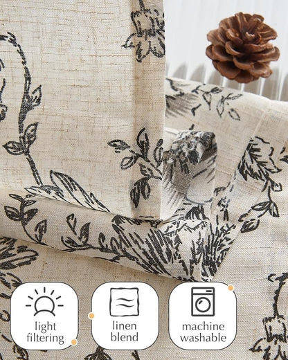 jinchan Floral Linen Tier Curtains 36 Inch Farmhouse Cafe Curtains Tie Top Botanic Drapes for Small Windows Over Sink for Kitchen Country Rustic Laundry Room Bathroom RV 2 Panels Black on Beige