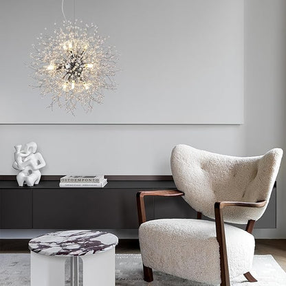 Small Dandelion Chandelier, 9 Lights Modern Firework Crystal Chandelier, Chrome Sputnik Pendant Light Fixture for Kitchen Island Dining Room Bedroom