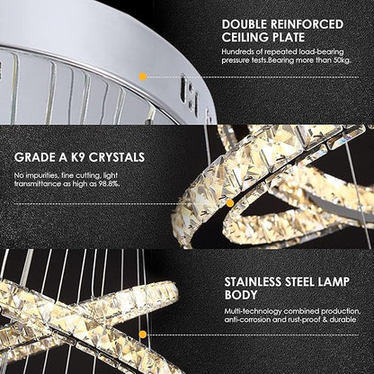 Modern Crystal Chandeliers for High Ceilings, 5 Rings Modern Led Chandelier Light Fixture 3 Colors Adjustable, Gold Chandelier for Foyer Dining Room Bedroom Living Room Staircase, D8"-12"-16"-20"-24"