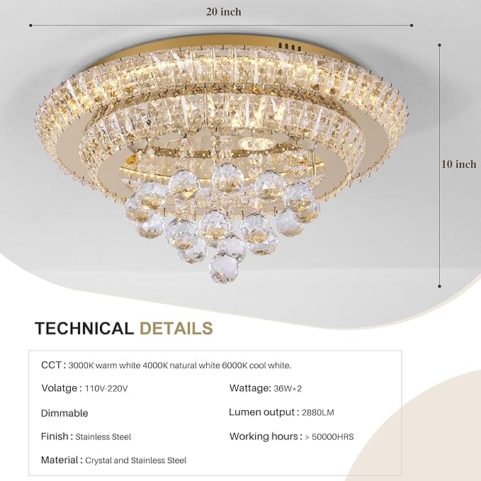 COCOSTAR 20" Gold Crystal Chandeliers, Flush Mount Chandelier LED Ceiling Light, Modern Crystal Raindrop Chandeliers for Dining Room, Living Room, Bedroom