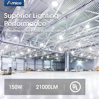 Amico UFO LED High Bay Light 150W 21000lm 5000K High Bay LED Shop Lights for Workshop Warehouse Barn with UL Listed US Hook 5' Cable Alternative to 650W MH/HPS for Commercial Lighting Fixture 20 Pack