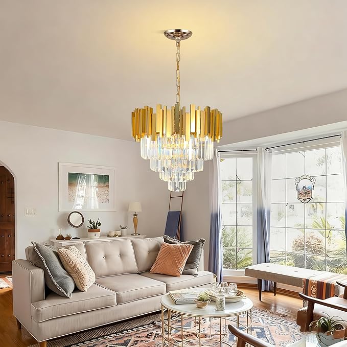 Luxury Gold Crystal Chandelier, W50cm Modern Round Ceiling Hanging Light Adjustable Chain & Dimmable Light Fixture for Dining Living Room Kitchen Island Foyer 7Lights
