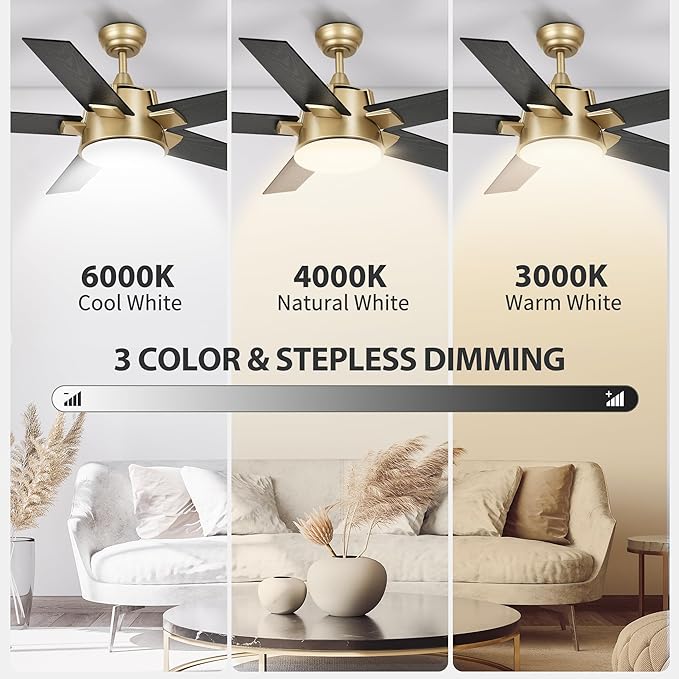 YITAHOME Black Gold Ceiling Fan with Light and Wall Switch Remote, 52 Inch Modern Ceiling Fan, Quiet Reversible Motor, Dimmable Fan with Light for Bedroom Living Room Patio Indoor