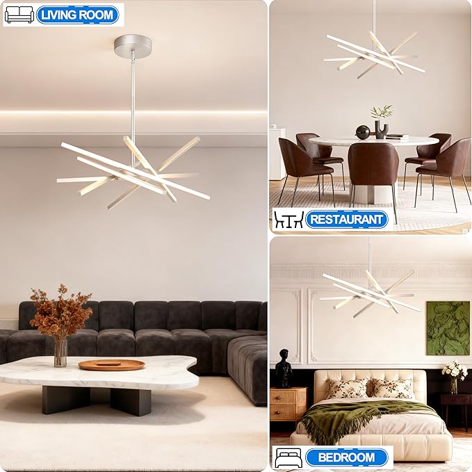 Modern Silver Chandeliers Ceiling 36W LED Pendant Light Embedded Mount Chandeliers，LED 6-Lights Linear Pendant Light for Kitchen Island Dining Room Bedroom Living Room Entryway，L23.62"*0.59"/6