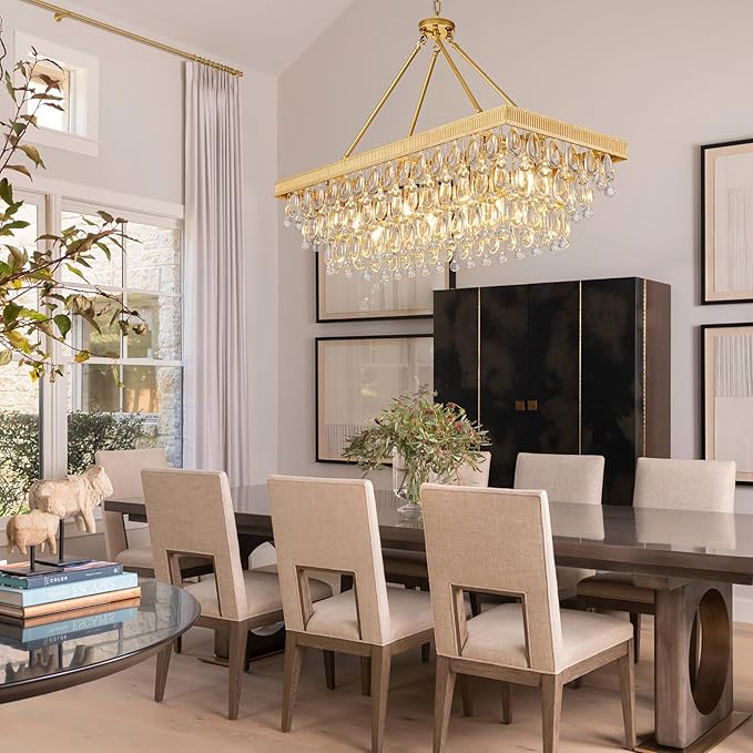 TOCHIC Crystal Dining Room Chandelier Over Table, Gold Linear Rectangle Chandelier 7 Lights Modern Farmhouse High Ceiling Light Fixture for Kitchen Island, Living Room, Entryway, 38" L