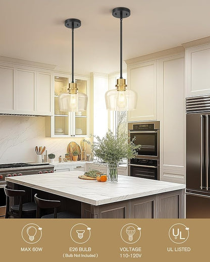 Emak 8 Inch Modern Pendant Lights Kitchen Island, Farmhouse Black and Gold Pendant Light Fixtures with Clear Glass Shade for Kitchen, Bedroom, Dining Room, PL122-BKBGD-CG