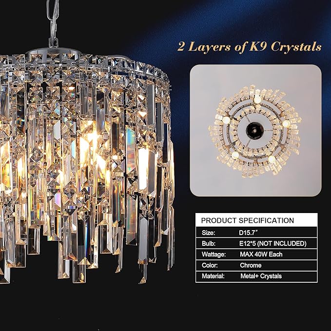 Chrome Crystal Chandelier Small Crystal Pendant Light Fixture 16" Raindrop Flush Mount Hanging Chandelier with Adjustable Chain K9 Crystals 2 Tiers for Kitchen Island Dining Room Bedroom Hallway