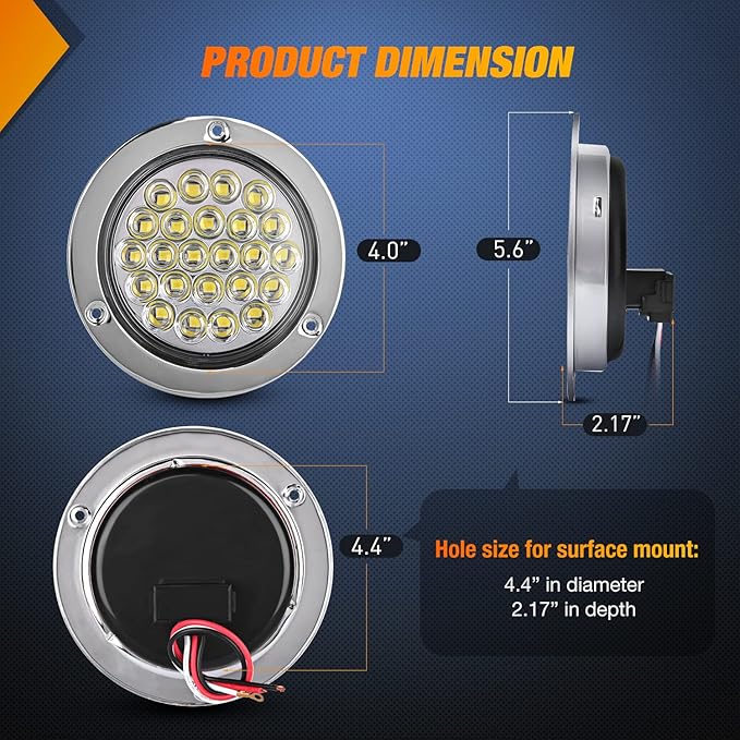 Nilight 4 Inch Round Trailer Tail Light 2PCS 24LED White Stainless Steel Chrome Bezel Waterproof Backup Reverse Lights for Truck Van Lorry Camper Boat