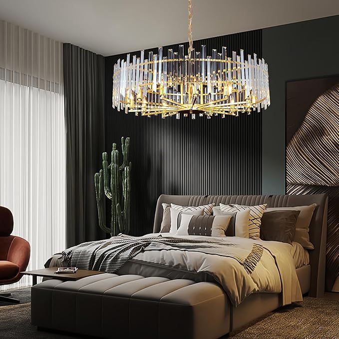 Gold Crystal Chandeliers for Dining Room, 39.4" Modern Round Chandelier Large Adjustable Height Ceiling Hanging Pendant Light Fixture for Dining Living Room Bedroom