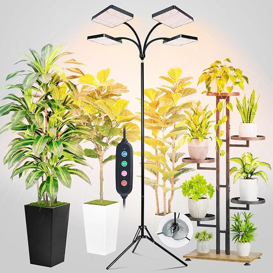 FRGROW 2026 4Head Full Spectrum Grow Light with Stand, 100 Watt Bright Grow Lights for Indoor Large Plants, Tall Bonsai Tree, Auto On/Off Daily Timer(4/8/12/16/20H), Adjustable Stand 24"-78"