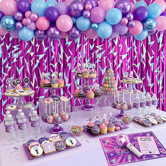 Tudomro 2 Pack Kpop Birthday Party Decoration Pink Purple Lightning Streamers Backdrop Blue with Purple Lightning Print Foil Fringe Tinsel Curtains for Photo Prop Themed Party Supplies