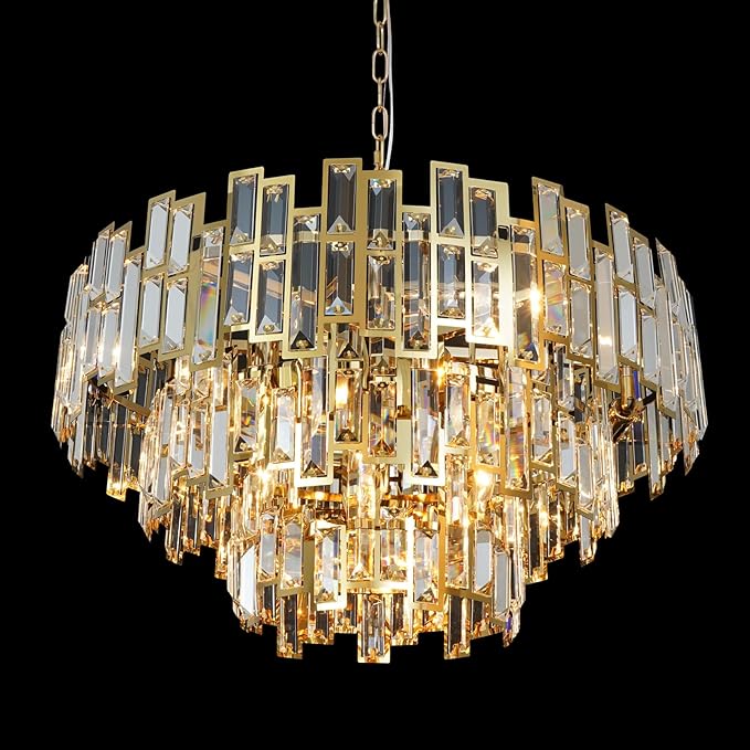 Crystal Chandelier Plated Gold Modern Round Chandeliers for Dining Room Bedroom Kitchen Entryway Chandelier Contemporary Pendant Ceiling Light Fixture Hanging W24.4 10-Light 3-Tier