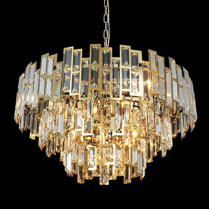 Crystal Chandelier Plated Gold Modern Round Chandeliers for Dining Room Bedroom Kitchen Entryway Chandelier Contemporary Pendant Ceiling Light Fixture Hanging W24.4 10-Light 3-Tier