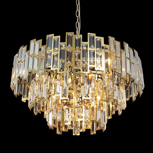 Crystal Chandelier Plated Gold Modern Round Chandeliers for Dining Room Bedroom Kitchen Entryway Chandelier Contemporary Pendant Ceiling Light Fixture Hanging W24.4 10-Light 3-Tier