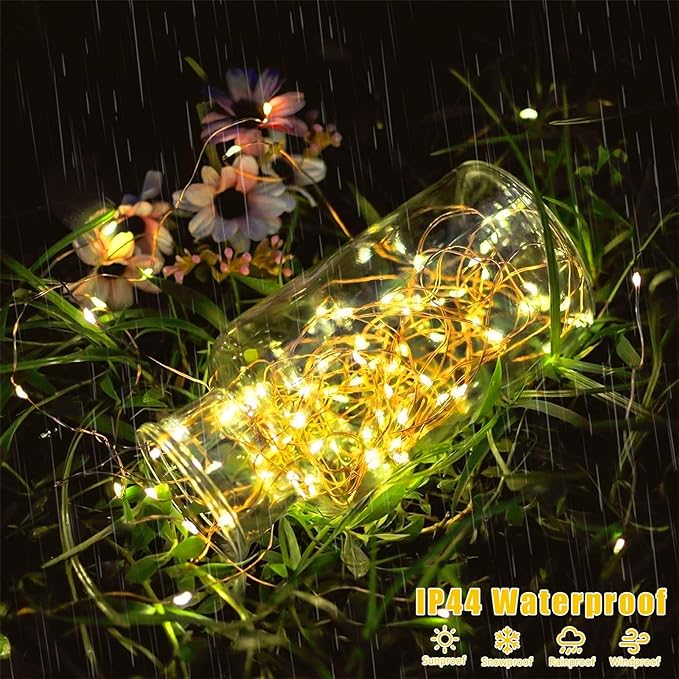 QITONG Warm White Solar Fairy Lights, 2 Pack Each 66ft 200 LED String Lights Outdoor, Silver Wire Solar Christmas Mini Lights