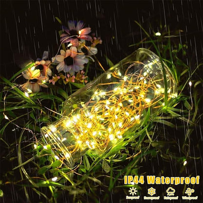 QITONG Warm White Solar Fairy Lights, 2 Pack Each 66ft 200 LED String Lights Outdoor, Silver Wire Solar Christmas Mini Lights