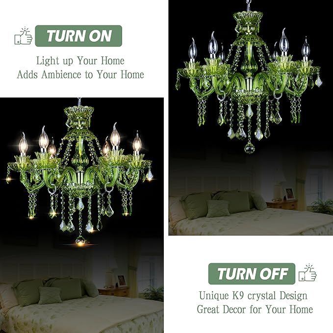 Bagood 6 Lights Green K9 Crystal Candle Chandeliers Lighting Modern Pendant Lights Ceiling Fixture Lamp for Dining Living Room Bedroom Hallway Entry Elegant Decoration E12 Base, H20.5 x W23.6 Inch